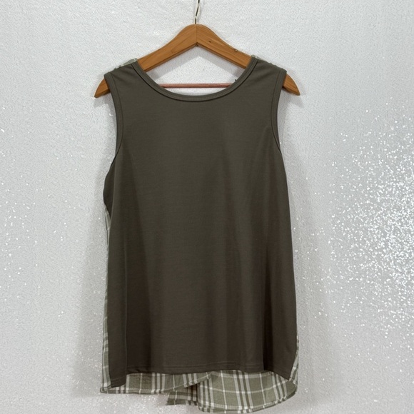 Doe & Rae Olive Tank Top with Plaid Detail - Picture 3 of 10